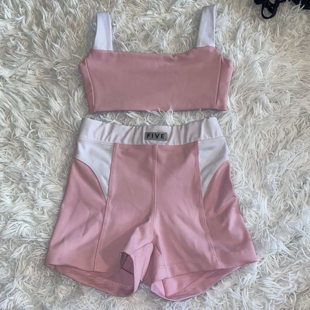 FIVE Dancewear Youth Large YL Pink White 2 Piece Crop Top Shorts Dance Set A4